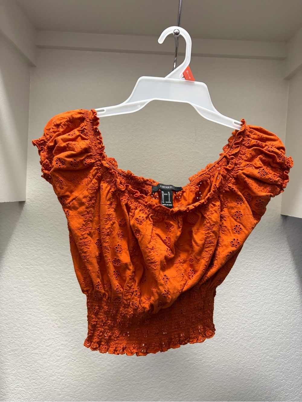 Forever 21 Orange Eyelet Smocked Puff-Sleeve Crop Top